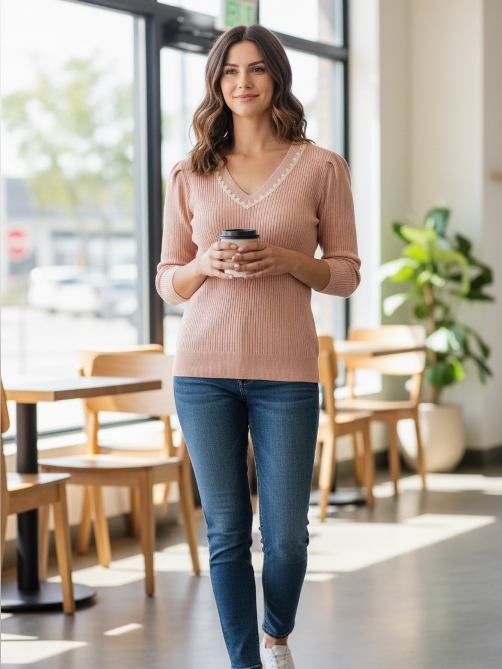 Hem & Thread Ribbed V-Neck in Dusty Blush